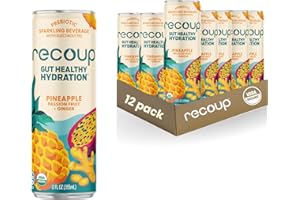 Recoup Organic Sparkling Prebiotic Drink - Ginger with Electrolytes for Gut Health Support & Hydration, No Added Sugar ((Pack of 12), Pineapple Passion Fruit + Ginger)
