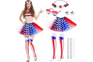 BOARDFEB Patriotic Costume Accessories Set Red White Blue Tutu Flower Stretch Crystal Headband Independence Day Necklace Patriotic Earring Love Sunglasses Stockings for Women 4th of July Memorial Day
