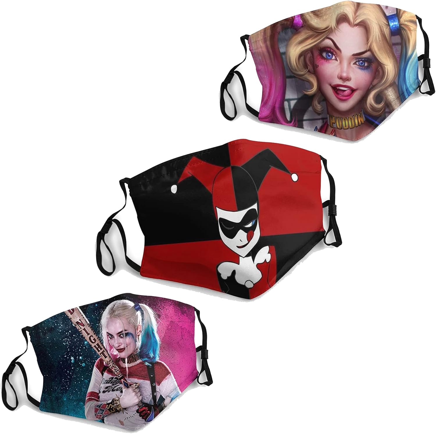 Adult Harley Quinn Face Mask 3 Pcs Adjustable Cloth Cute Mouth Cover