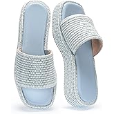Monrovia Platform Sandals Women Raffia Espadrille Slides, Woven Straw Flatform Beach Sandals Women, Slip On Summer Vacation Shoes, Comfortable Casual Daily Wear