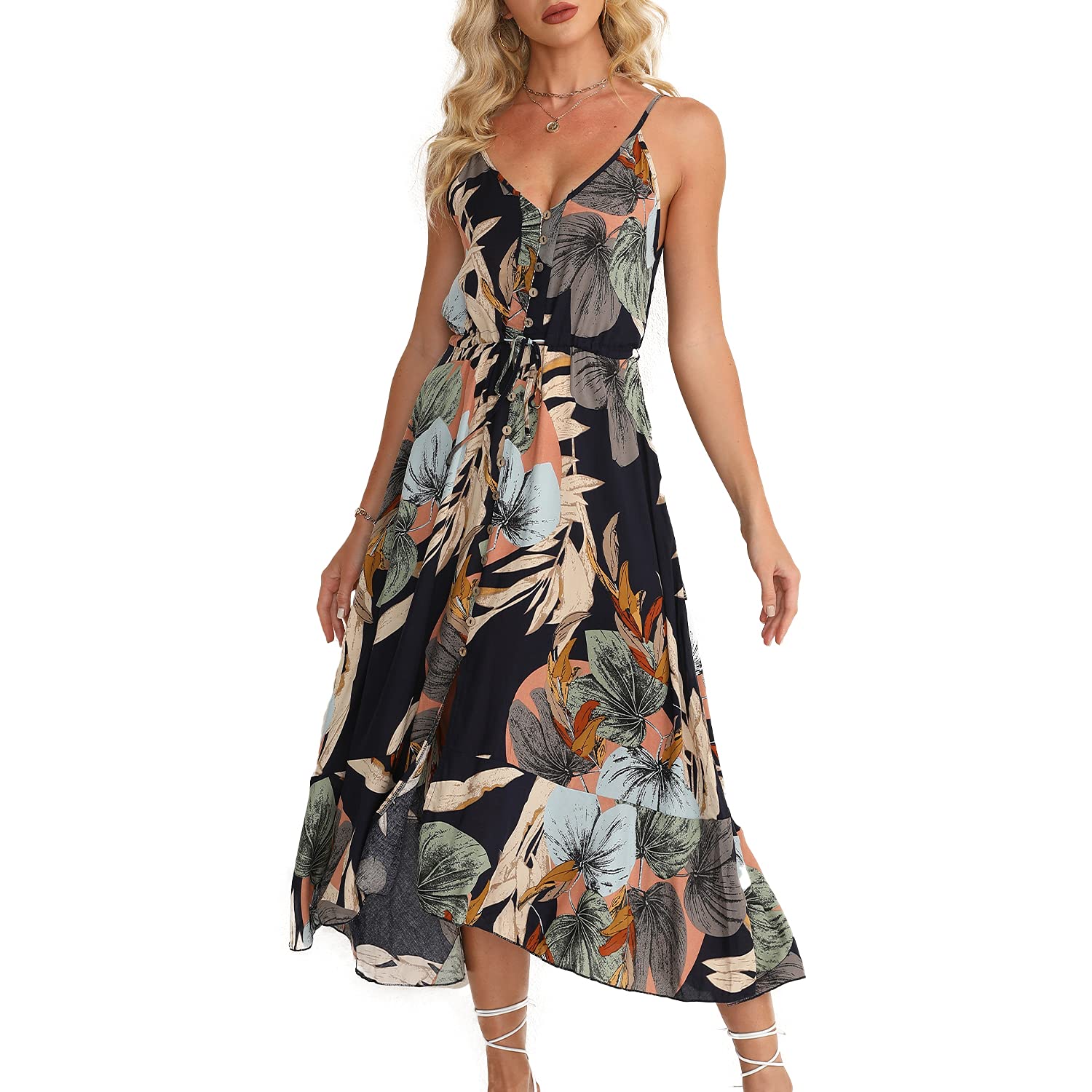 Photo 1 of BROVAVE Women's 2025 Summer Casual Boho Sundress Polka Dot Spaghetti Strap V Neck Flowy Midi Dresses(008 Black, Small)