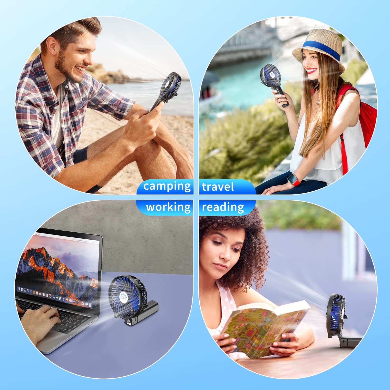 HandFan Portable Handheld Fan, Mini Personal Fan, Battery Operated Cooling Rechargeable, 180° Foldable Small Hand Fan, USB Powered, for Home, Office, Outdoor, Hiking, Travel, Stroller(Black&Blue)