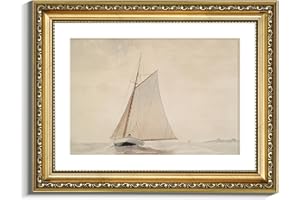 VIYYIEA Gold Framed Wall Art Canvas Print Home Decor for Living Room White Sailboat Seascape Watercolor Vintage Beach Painting on Canvas - Coastal Wall Art Prints for Bedroom Office Bathroom 11x14in