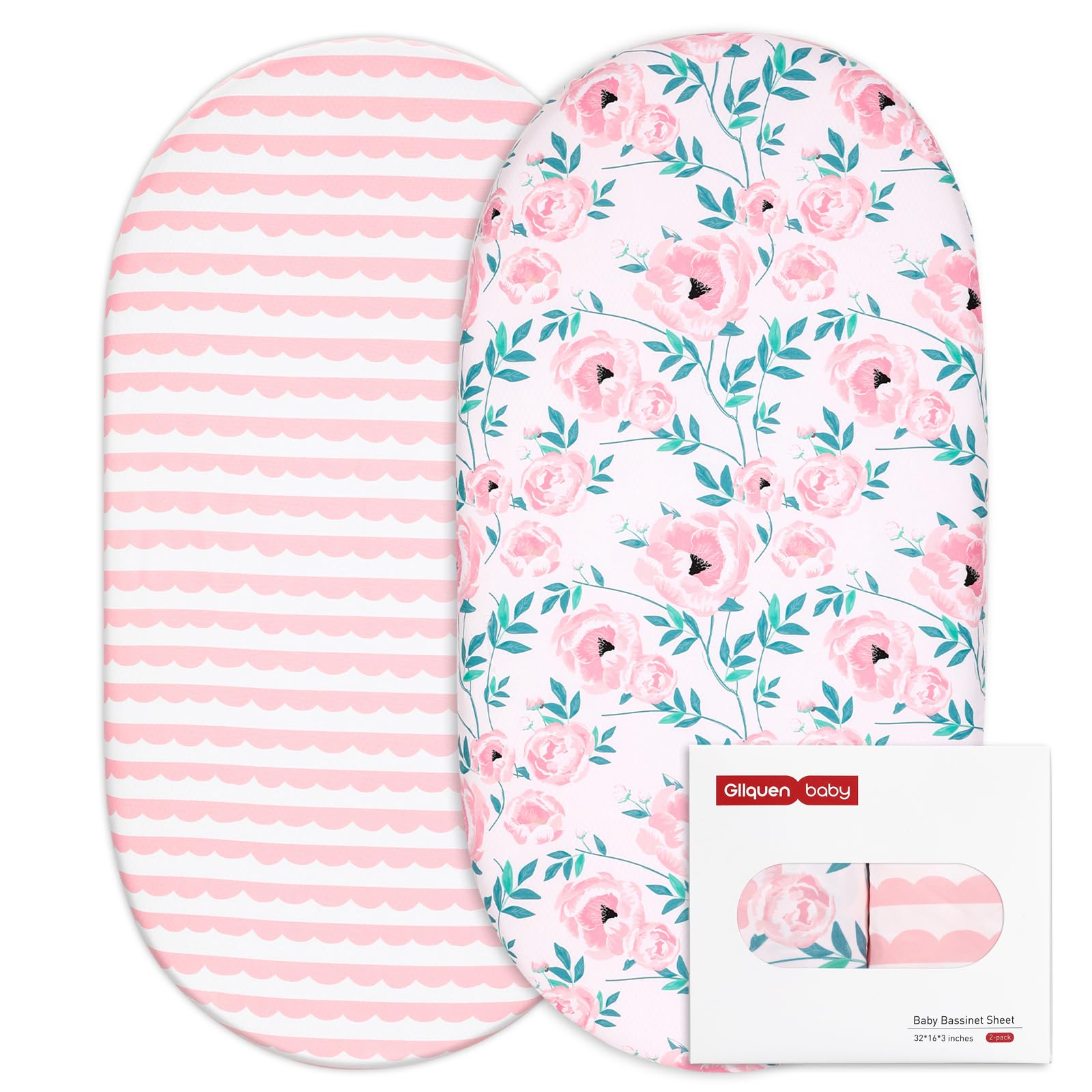 Photo 1 of Gllquen Baby Bassinet Sheets Set 2-Pack, Breathable Cozy Bassinet Fitted Sheet Universal Fit Standard Mattress Oval Rectangle Cradle Baby Sheets for Baby Boy Girls Unisex 32"x16" (Pink Flower)