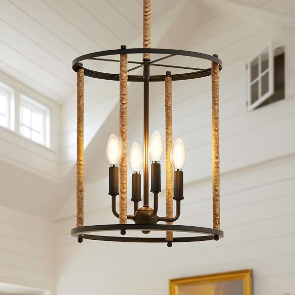 LUVKCZC 4 LIGHT CHANDELIER,FARMHOUSE CEILING LIGHT BLACK LANTERN LIGHT FIXTURES WITH ROPES CAGE ADJUSTABLE HEIGHT RUSTIC HANGING LIGHT E12 BASE FOR KITCHEN ISLAND, DINING ROOM, LIVING ROOM,ENTRYWAY