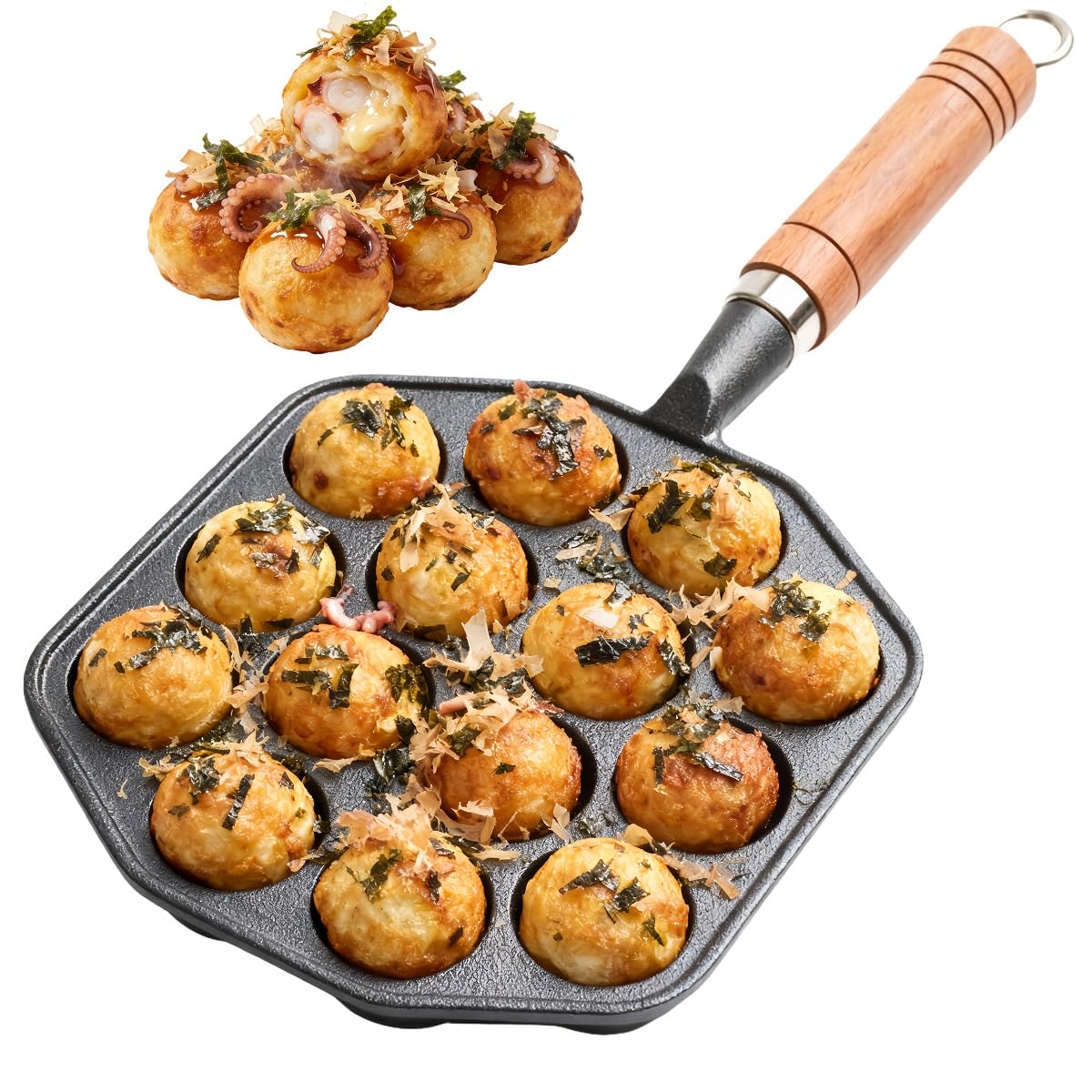 Photo 1 of **MISSING HANDLE**Takoyaki Pan, 14 Small Hole Cast Iron Aebleskiver Pan with Wooden Handle, Japanese Egg Octopus Meat Balls Mold Maker for Indoor & Outdoor Use, Naturally Nonstick with Seasoning, 6.6 x 6.2 Inches