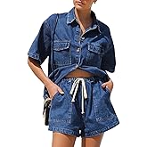 SOMTHRON Women's Summer Denim 2 Piece Outfits Short Sleeve Button Down Shirt Elastic Waist Jean Shorts Lounge Sets