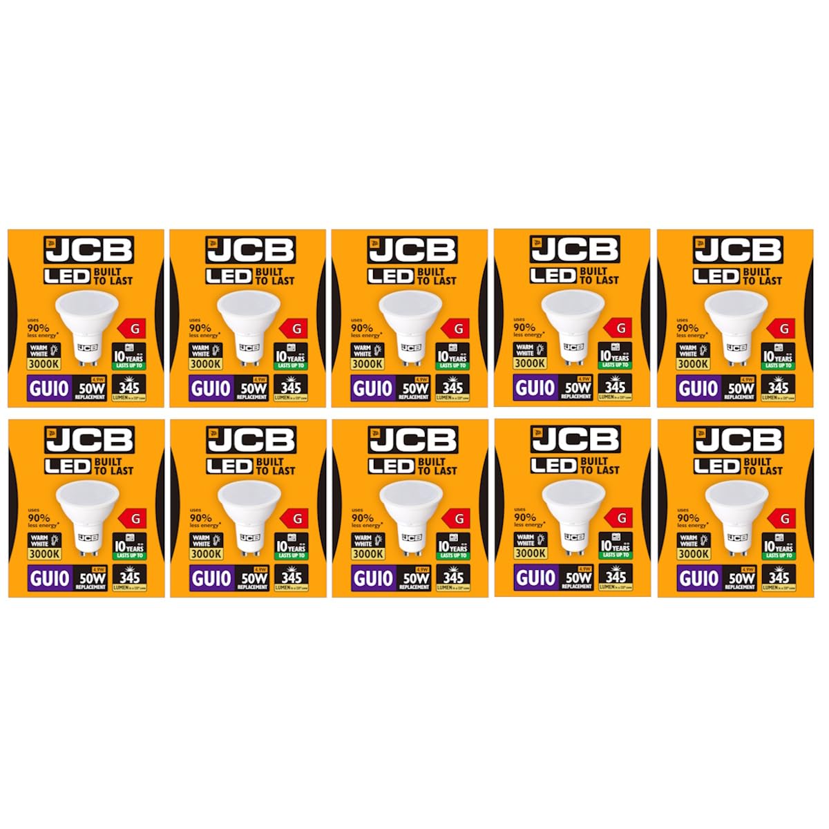 10 X JCB 5w = 50w LED GU10 100deg 3000k Warm White 350lm [Energy Class A+]