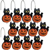 HPYNPES Halloween Shower Curtain Hooks Set of 12 – Black Cat on Pumpkin Design – Durable Resin Bathroom Decor Hooks for Halloween Party, Kids & Holiday Theme