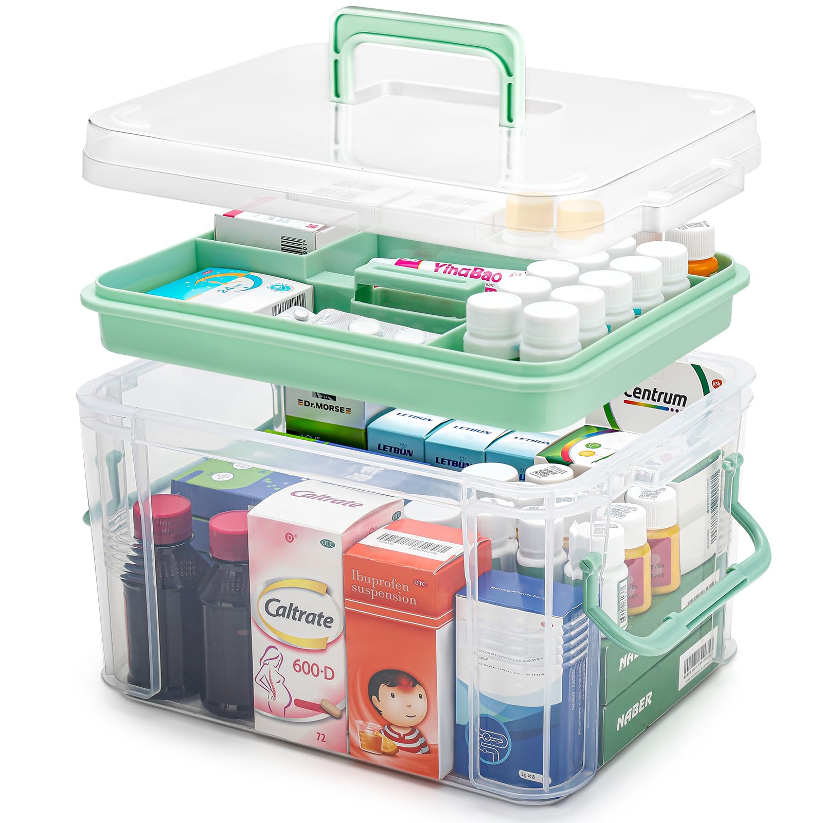 Photo 1 of 15QT Clear Medicine Organizer Storage Box with Handle & Tray - Thickened Plastic Empty First Aid Box, Multipurpose Medical Container with Lids/Labels, Medication Caddy for Home, Baby, Elderly, Dorm