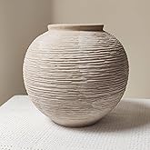 Rustic Farmhouse Vase Home Decor - 6 in Ceramic Boho Decorative Vase for Decor, Round Clay Whitewashed Terracotta Bowl vase for Living Room, Table, Shelf, Centerpieces