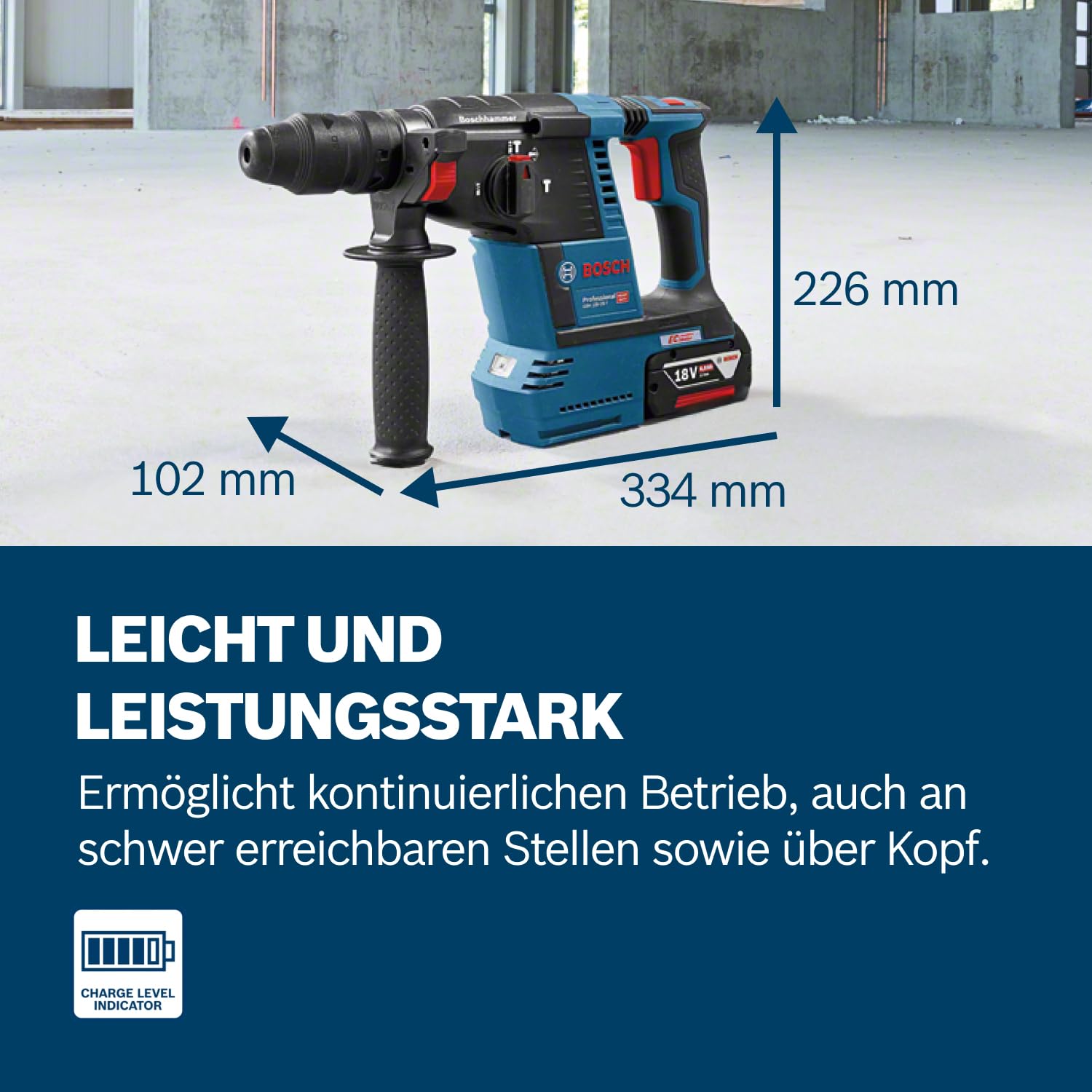Bosch Professional 18V System Akku Bohrhammer GBH 18V-26 (SDS Plus, Bohr-Ø max: Beton/Stahl/Holz 26/13/30mm, inkl. Zusatzhandgriff, Tiefenanschlag 210mm, Maschinentuch, L-BOXX, ohne Akku/Ladegerät) 5