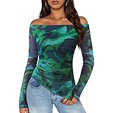 ZESICA Floral Mesh Off Shoulder Long Sleeve Tops for Women 2026 Y2k Double Lined Sheer Spring Going Out Shirts