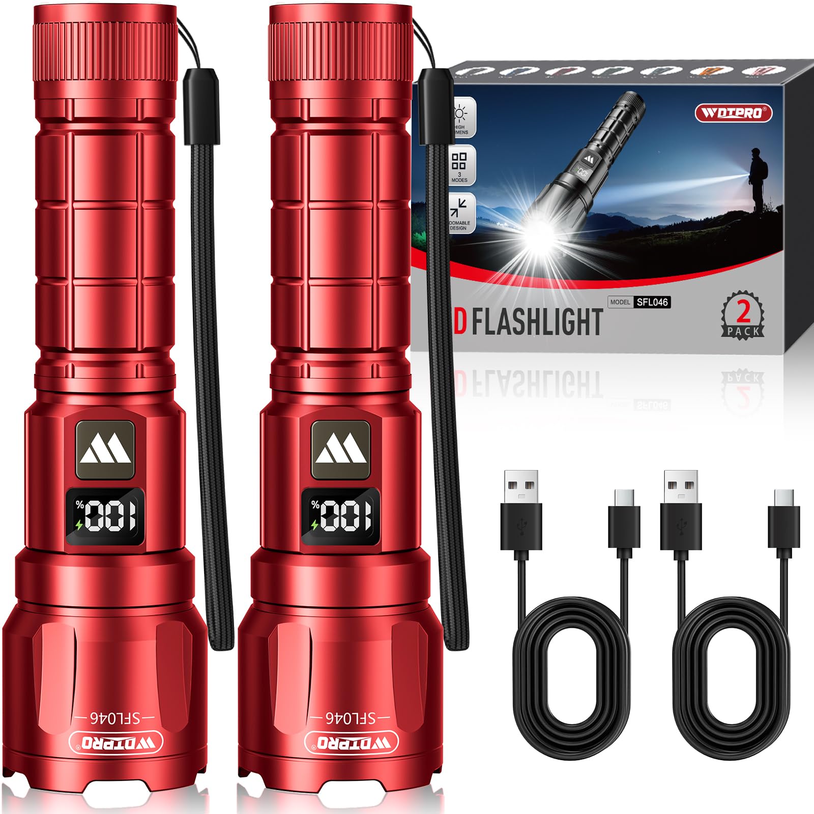 WdtPro LED Rechargeable Flashlight 2 Pack, Super Bright Zoomable 6000 Lumens Tactical Flashlight with LCD Digital Display, 3 Mode Waterproof Flash Light for Camping, Hunting & Home Emergency - Red Image