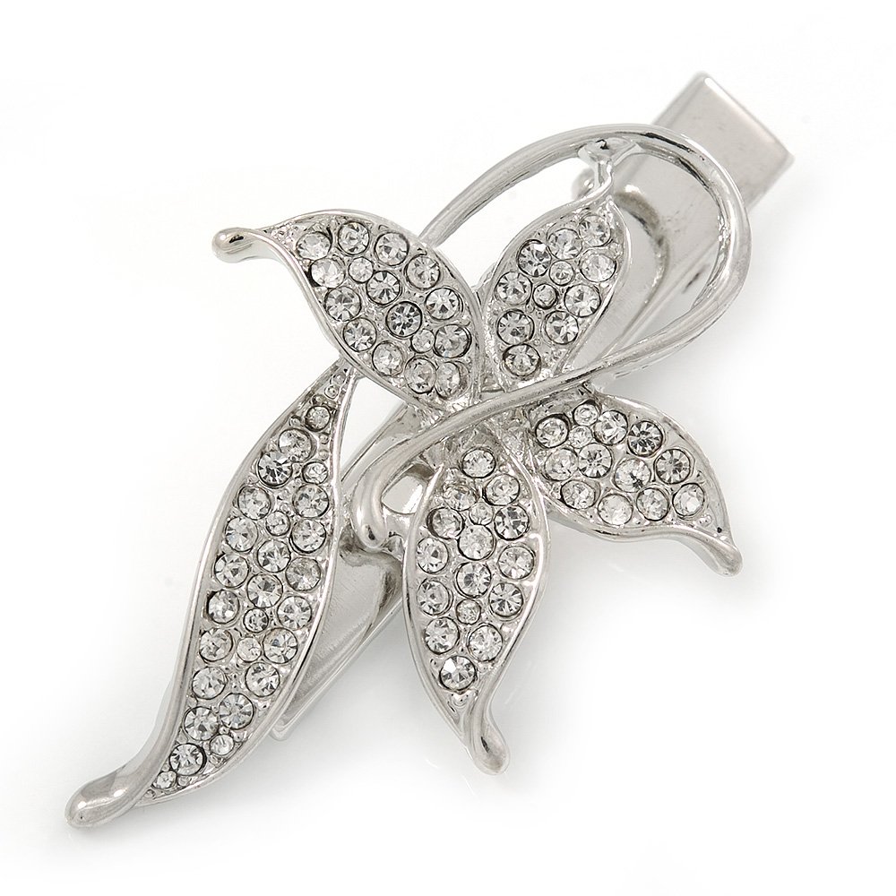 Clear Crystal Butterfly Hair Beak Clip/Concord Clip/Clamp Clip In Silver Tone - 55mm L