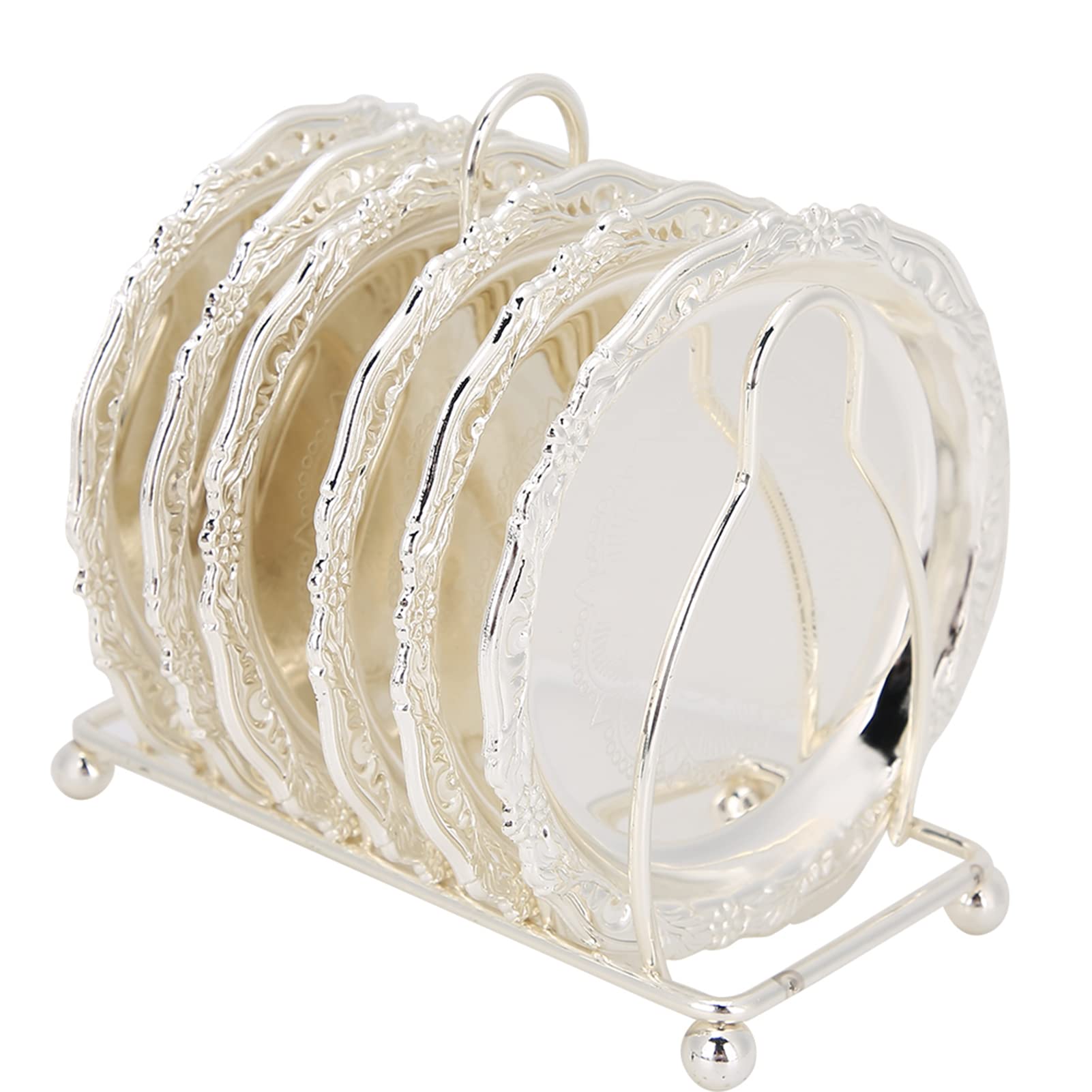 Coasters for Drinks Set of 6, 10cm European Style Retro Metal Coaster with Metal Holder, Non Slip Cup Mats Tabletop Protection for Home, Bar, Kitchen, Coffee Table Decoration(Silver)