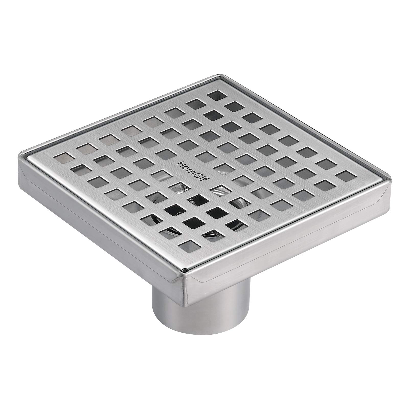 HomGif 5 Inch Square Shower Floor Drain for Bathroom Kitchen SUS 304 Stainless Steel Brushed Finish with Removable Hair Strainer Quadrate Pattern Cover