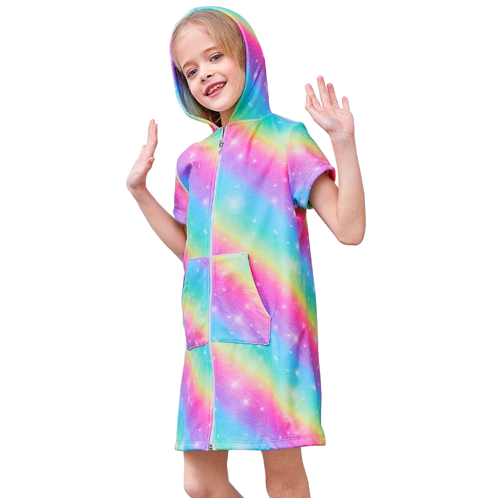 Beinou Terry Swim Cover Up for Girl Rainbow Zipper Swimwear Coverups Beach Dress, Rainbow, 4-5 Years