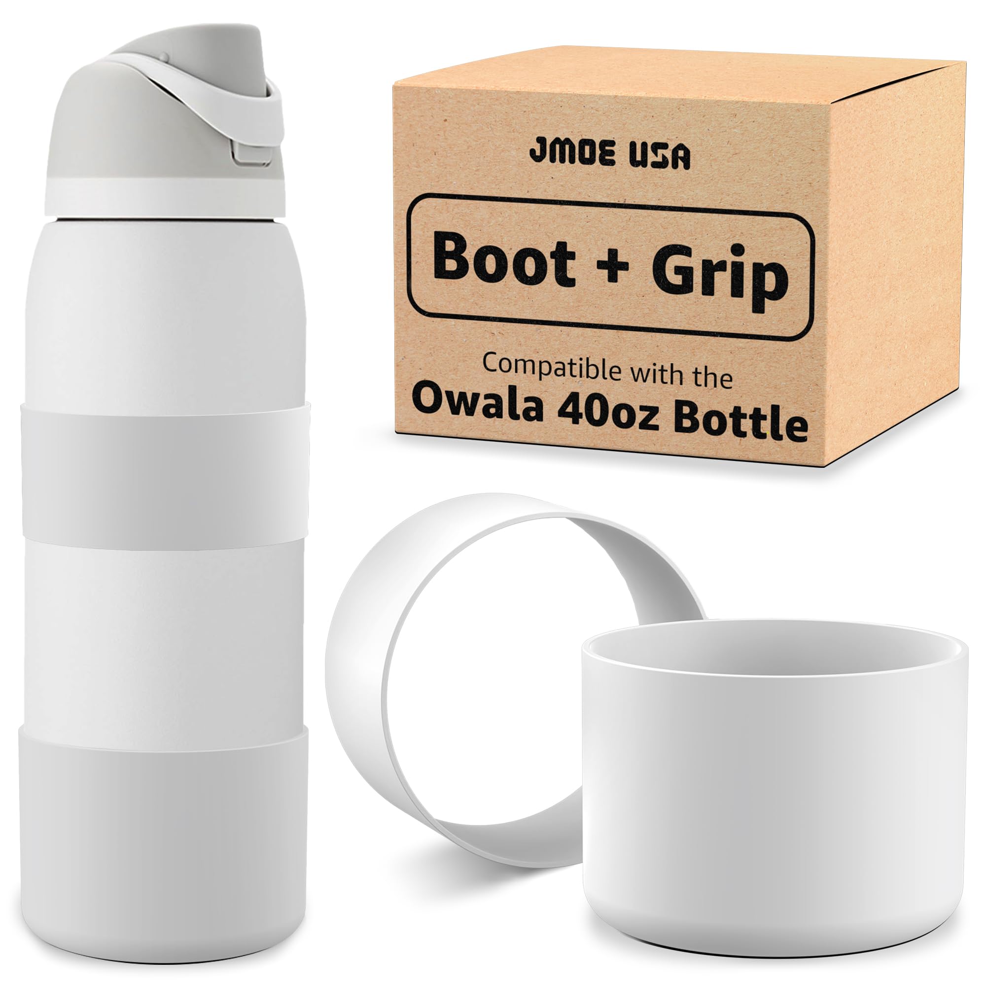 Photo 1 of Jmoe USA Silicone Boot Sleeve + Hand Grip for Owala 40oz Water Bottle | BPA Free & Food-Grade Silicone Rubber | Protective Anti-Slip Bottom Bumper Cover | Protects Against Dents & Scratches (White)