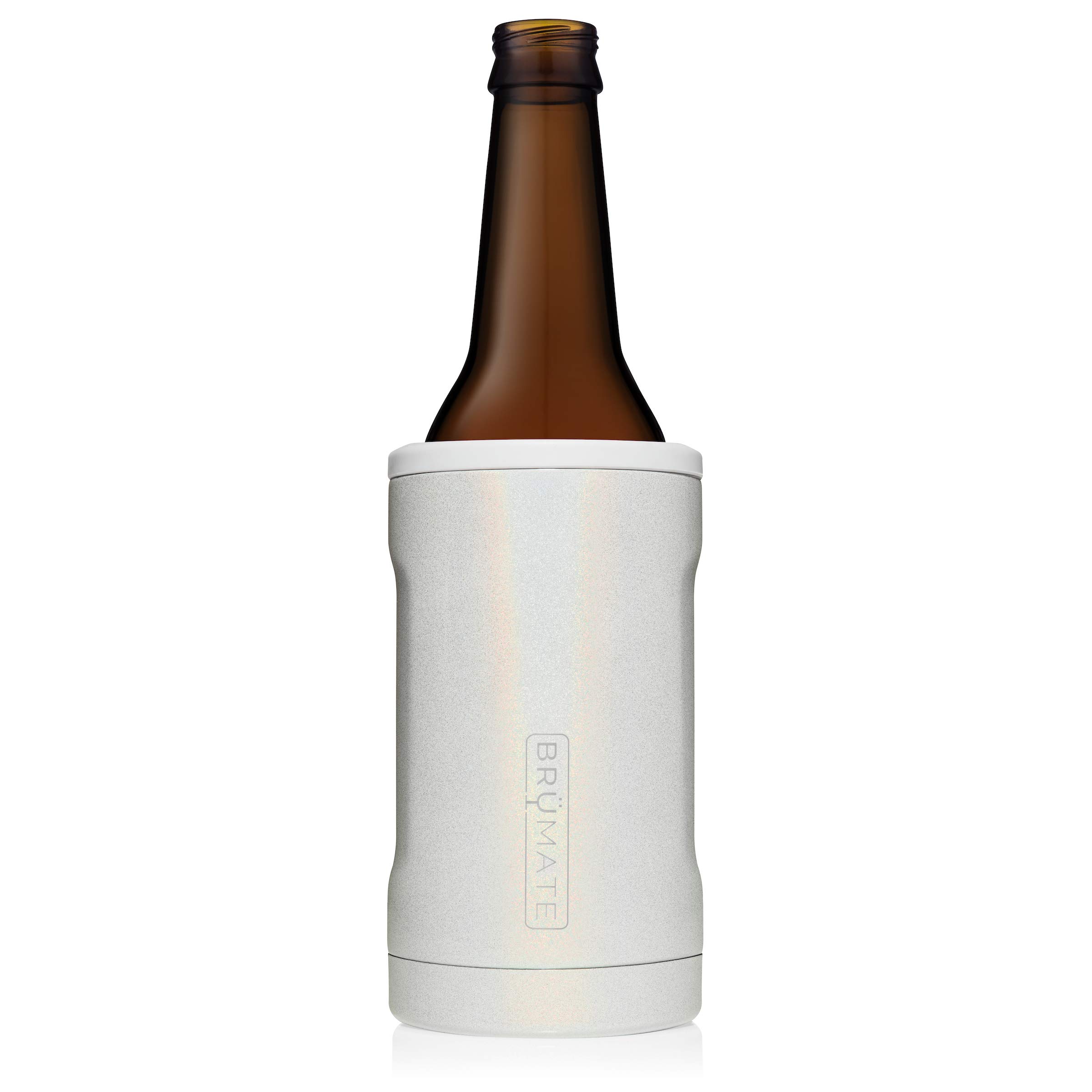 BrüMate Hopsulator Bott'l Insulated Bottle Cooler for Standard 12oz Glass Bottles | Glass Bottle Insulated Stainless Steel Drink Holder for Beer and Soda (Glitter White)