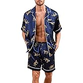 SWOMOG Men Silk Pajama Set Short Sleeve Satin PJs Sets 2 Piece Button Down Sleepwear Soft Summer Loungewear with Pockets