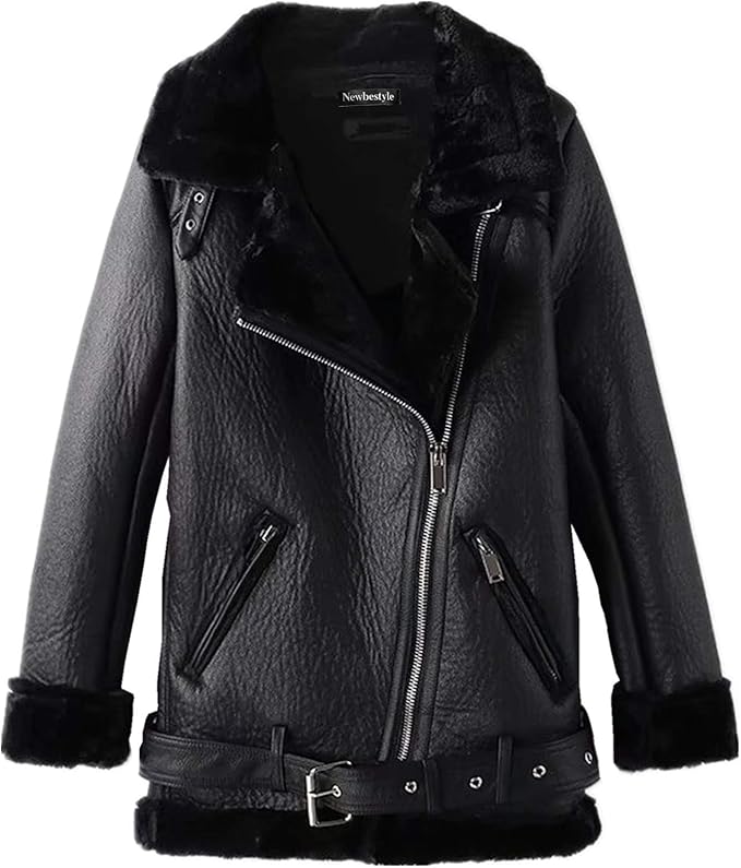 Newbestyle Women’s Faux Leather Moto Jacket Warm Sherpa Lined Oversized