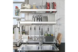 Over The Sink Dish Drainer Drying Rack, Full Stainless Steel 3-Tier Adjustable Length Over Sink Dish Drying Rack, Large Capac