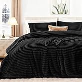 EXQ Home Fluffy Comforter Set King Size - Super Soft Faux Fur Stripe Jacquard Comforter 3 Pieces, Black Fleece Bedding Set,Winter Warm Bed Set,1 Comforter with 2 Pillowcases