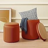 Recximi Orange Round Storage Ottoman Set of 2, Large Velvet Ottoman with Storage, Multifunctional Vanity Stool, Small Pouf Ottomans Foot Stool, Storage Stools for Living Room, Bedroom