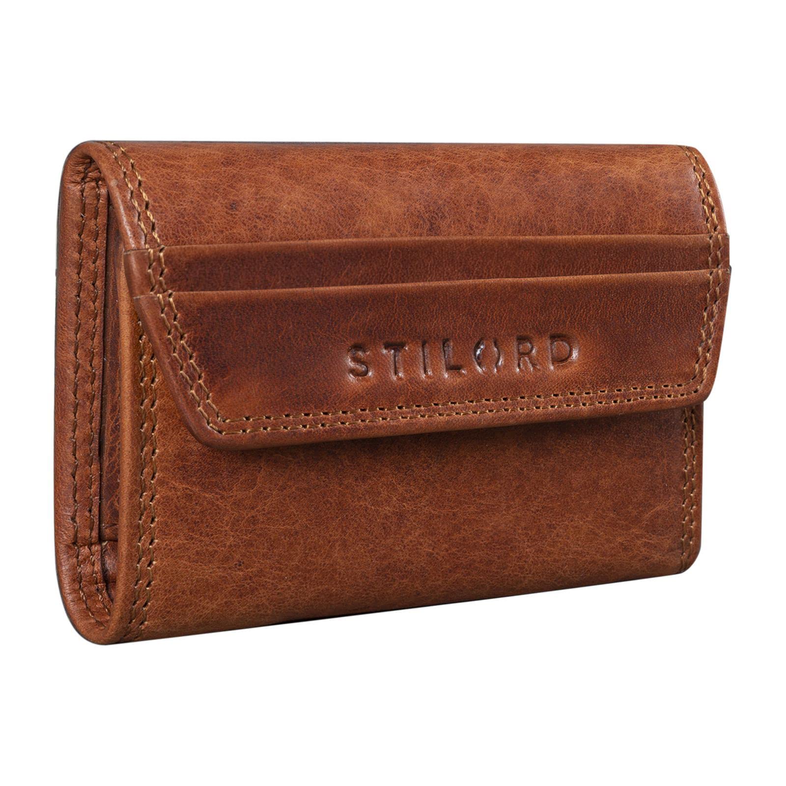 STILORD "Bowie" Leather Key Case and Wallet, Small Key Organiser, Slim Wallet, Mini Case for EC Cards, with Key Rings Colour:Kara - Cognac