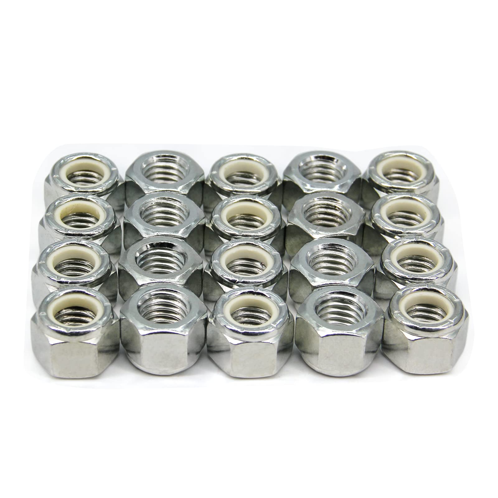 Yeebyee 1/2"-13 Nylon Insert Hex Lock Nuts,Carbon Steel White Zinc Plated, Hex Lock Nut Silver Self-Locking Nylock Locknuts, 20pcs/Pack (1/2"-13-20pcs)