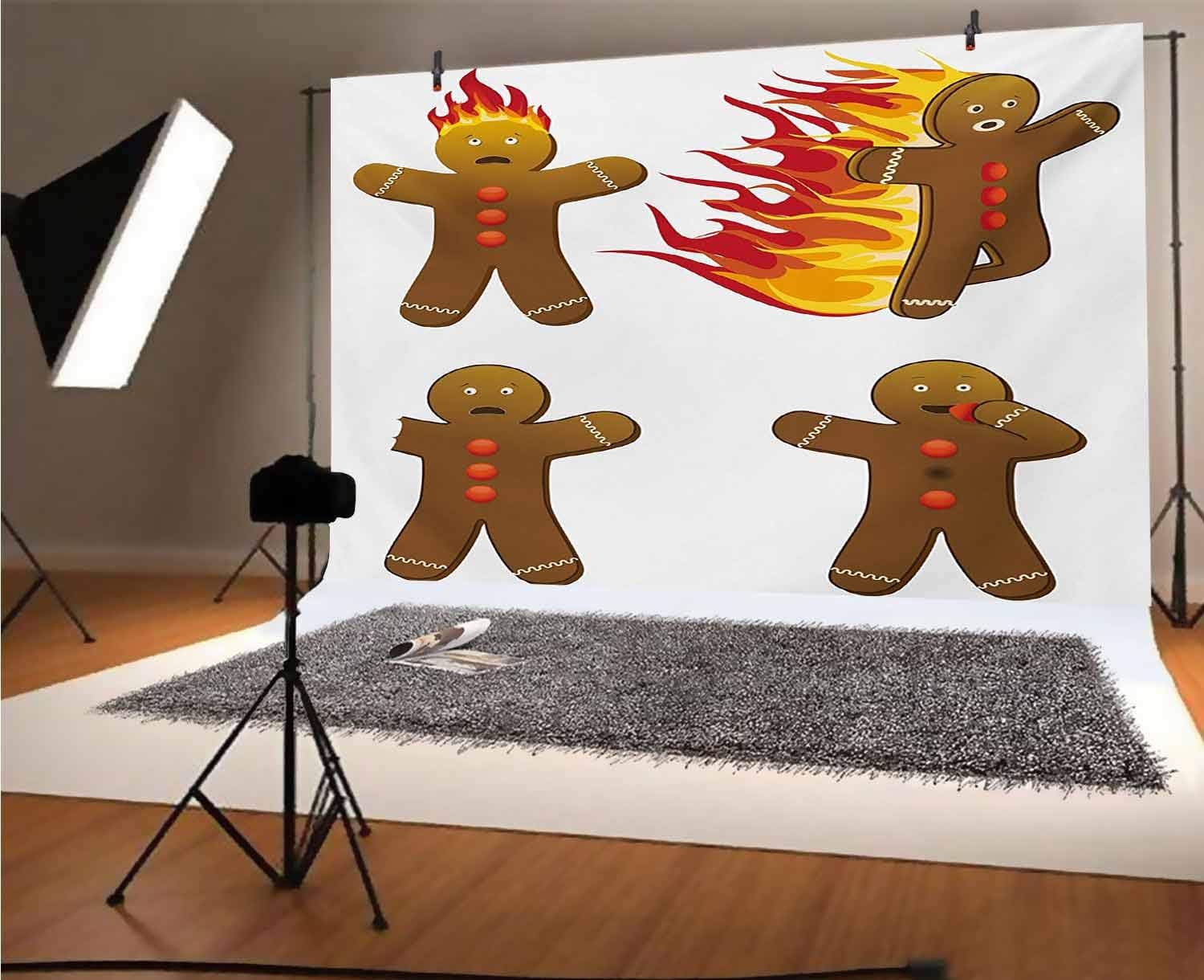 Gingerbread Man 7x5 FT Vinyl Backdrop PhotographersGingerbread Man in Humorous Positions Caught on Fire Eaten Figures Background for Party Home Decor Outdoorsy Theme Shoot Props