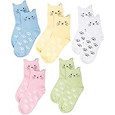 Maiwa Cotton Novelty Cats Crew No Seam Socks 5 Pack for Girls (2-4years/Toddler 7T-10.5T) 14-16cm