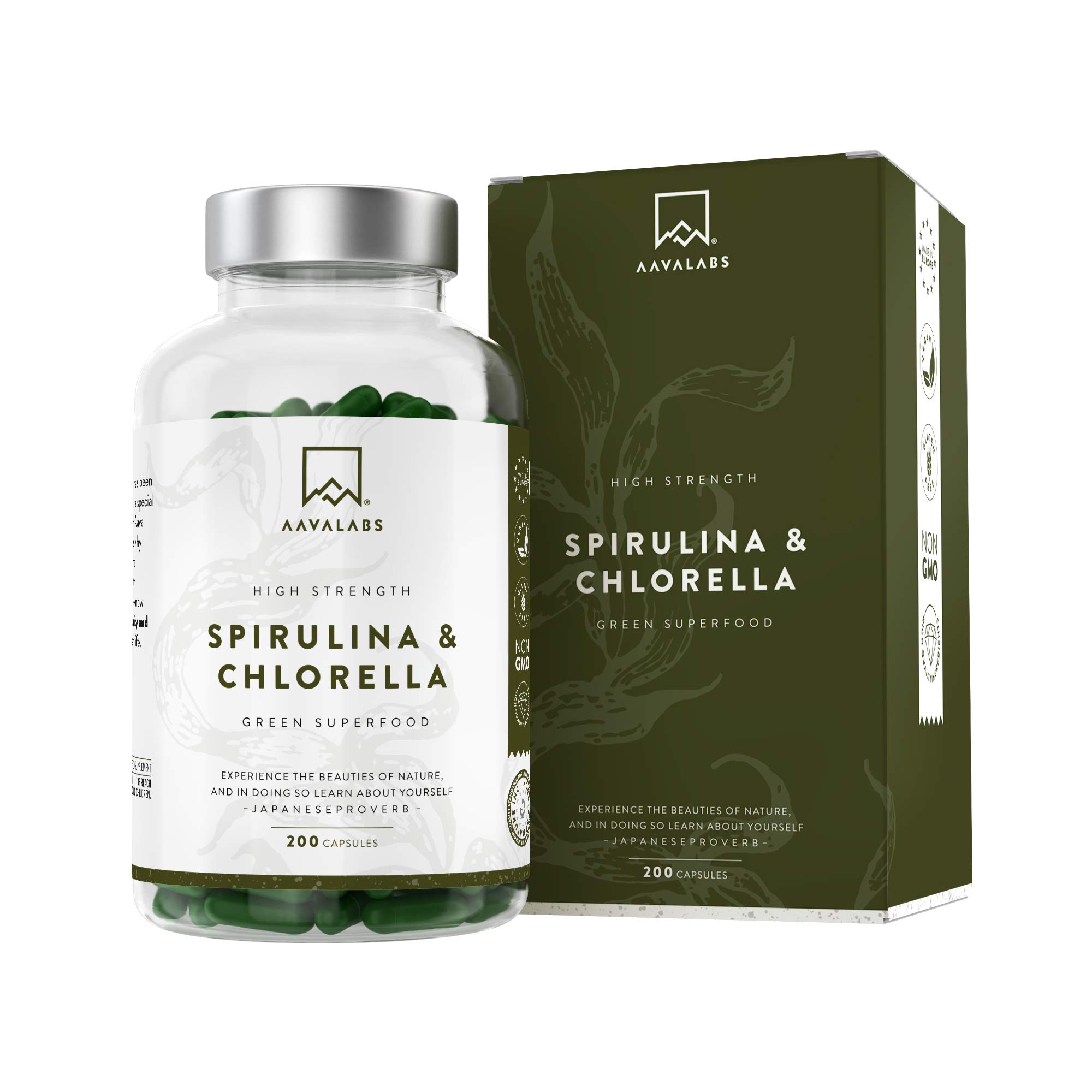 Spirulina Chlorella Capsules [ 1800 mg ] 200 Powder Capsules High