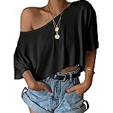 SOFIA'S CHOICE Women's Off Shoulder Crop Tops Loose Boat Neck Short Sleeve T Shirt