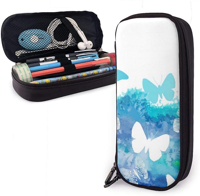Stationery Pouch,Watercolor Blue Butterflies Leather Pen Bags