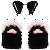 Fingertip WD Furry Faux Fur Fox Cat Paws Gloves with Cat Ear Headband Realistic Animal Paw Gloves with Paw Pads Built-in Whistle Halloween Cosplay Costume Accessories for Adults