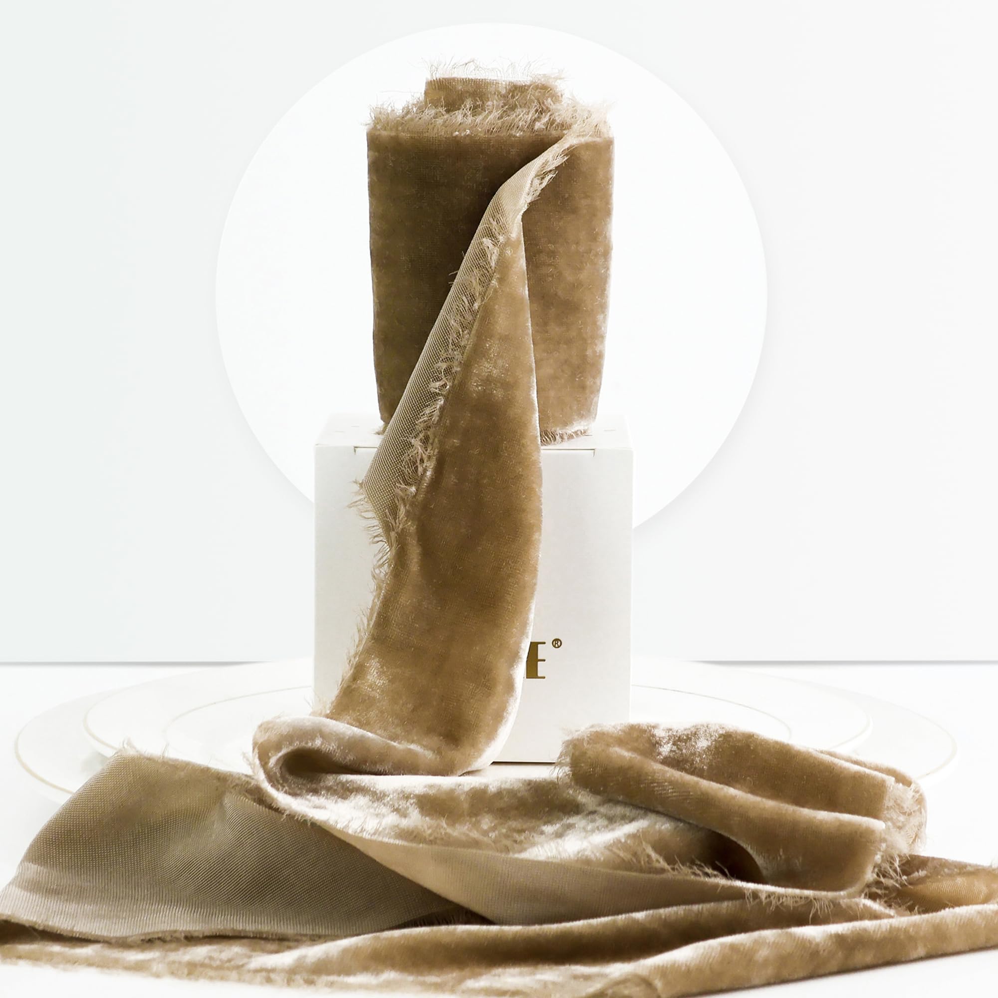 Photo 1 of MEEDEE Camel Velvet Ribbon 3 Inch Camel Fringe Ribbons Raw Edge Silk Velvet Ribbon for Wreaths, Flower Bouquet, Photography, Dress Sash, Baby Shower, Wedding Decor (3 Yards)