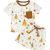 Toddler Baby Boy Girl Summer Clothes Set Short Sleeve Chick Print T-shirt and Elastic Shorts 2Pcs Infant Farm Outfits