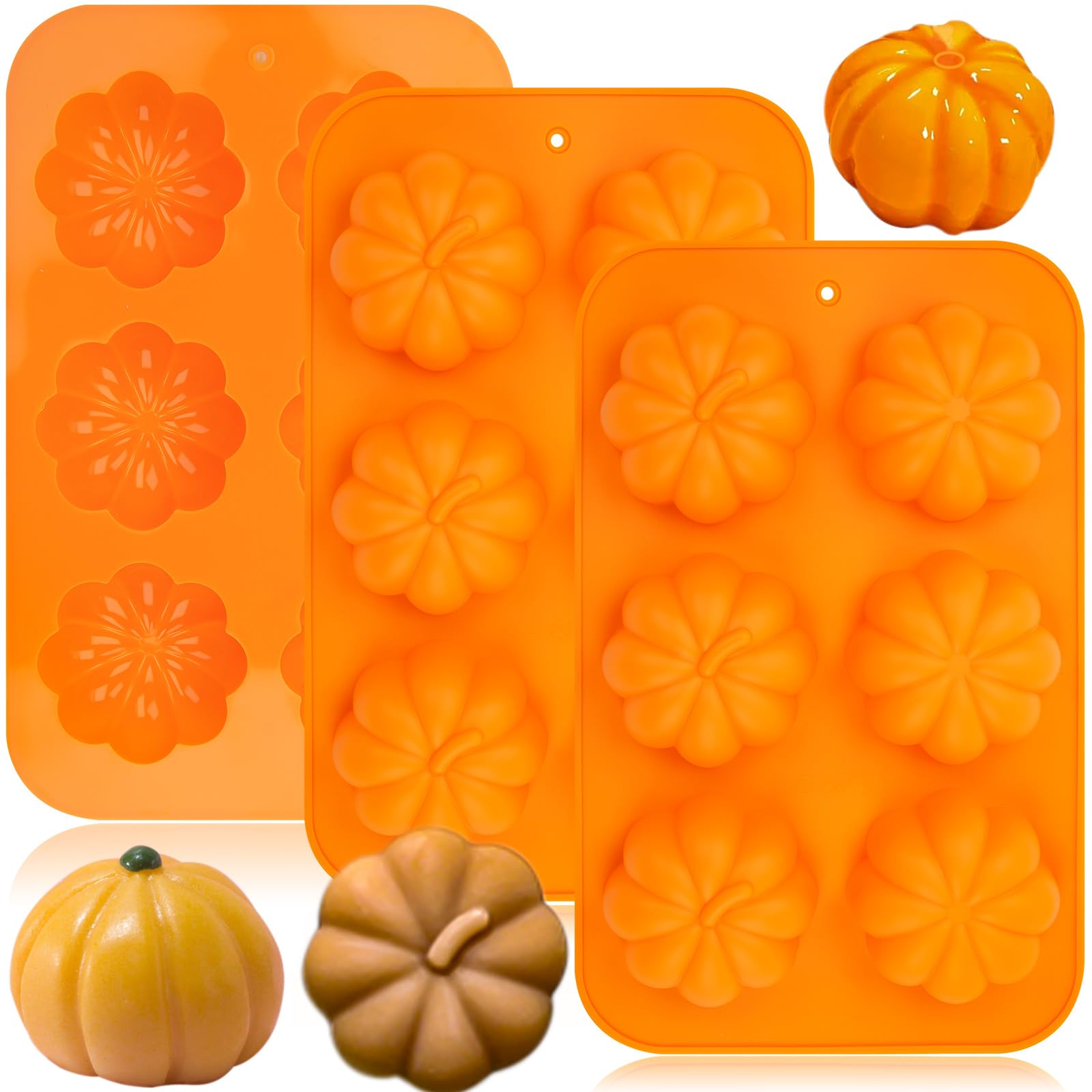 Photo 1 of 3 Pack Halloween Pumpkin Chocolate Mold, 3D Autumn Harvest Theme Pumpkin Silicone Mould Thanksgiving Cake Pan Fall Soap Molds for Muffin Pudding Mousse Candy Cupcake Jelly Baking Home Decor
