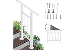 SUNCRAFTS Adjustable Handrails for Outdoor Steps – White Metal Stair Railing with Installation Kit, 2 Steps Handrail or Horizontal Use, Wrought Iron Hand Rails for Outdoor Steps
