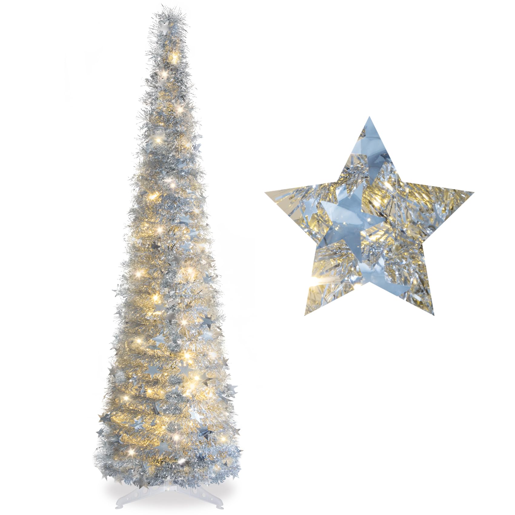 Photo 1 of 5Ft Pop Up Christmas Tree with Lights, Collapsible Pencil Tree Silver, Skinny Christmas Tree Slim Xmas Tree, Artificial Tinsel Tree Foldable for Home Apartment Holiday Party Winter Decor