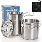 Nagpew 2 Pieces Stainless Steel Camping Cups, Stackable Camp Mug | Metal Backpacking Cookware Bush Pot with Storage Bag, Foldable Handle, Vented Lid for Coffee, Tea, Hiking