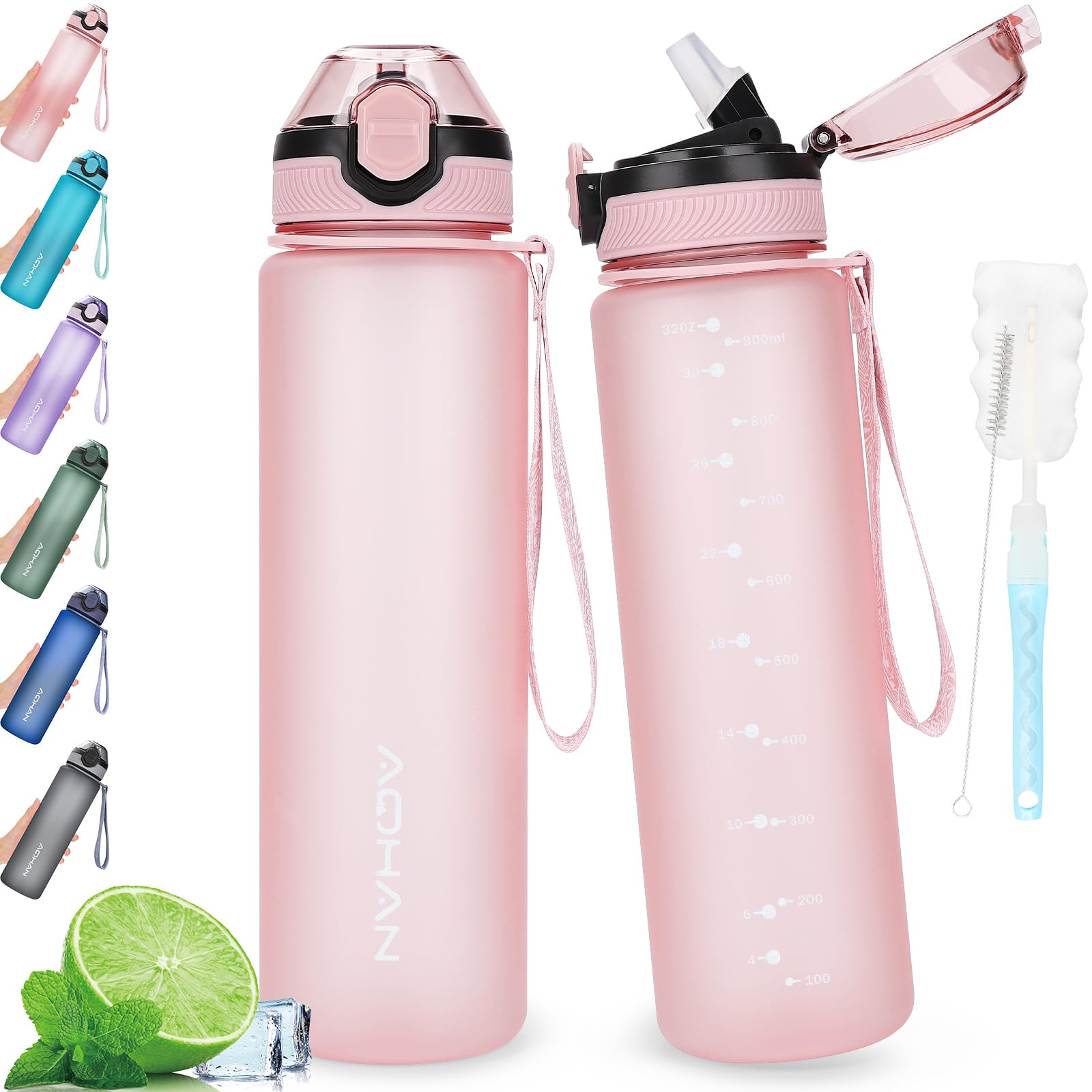 AOHAN Water Bottle 1L with Leak Proof Flip Top Lid, BPA Free Sport Drinking Bottle with Straw, Dishwasher Safe Water Bottle Non-Toxic Water Jug with Carrying Strap
