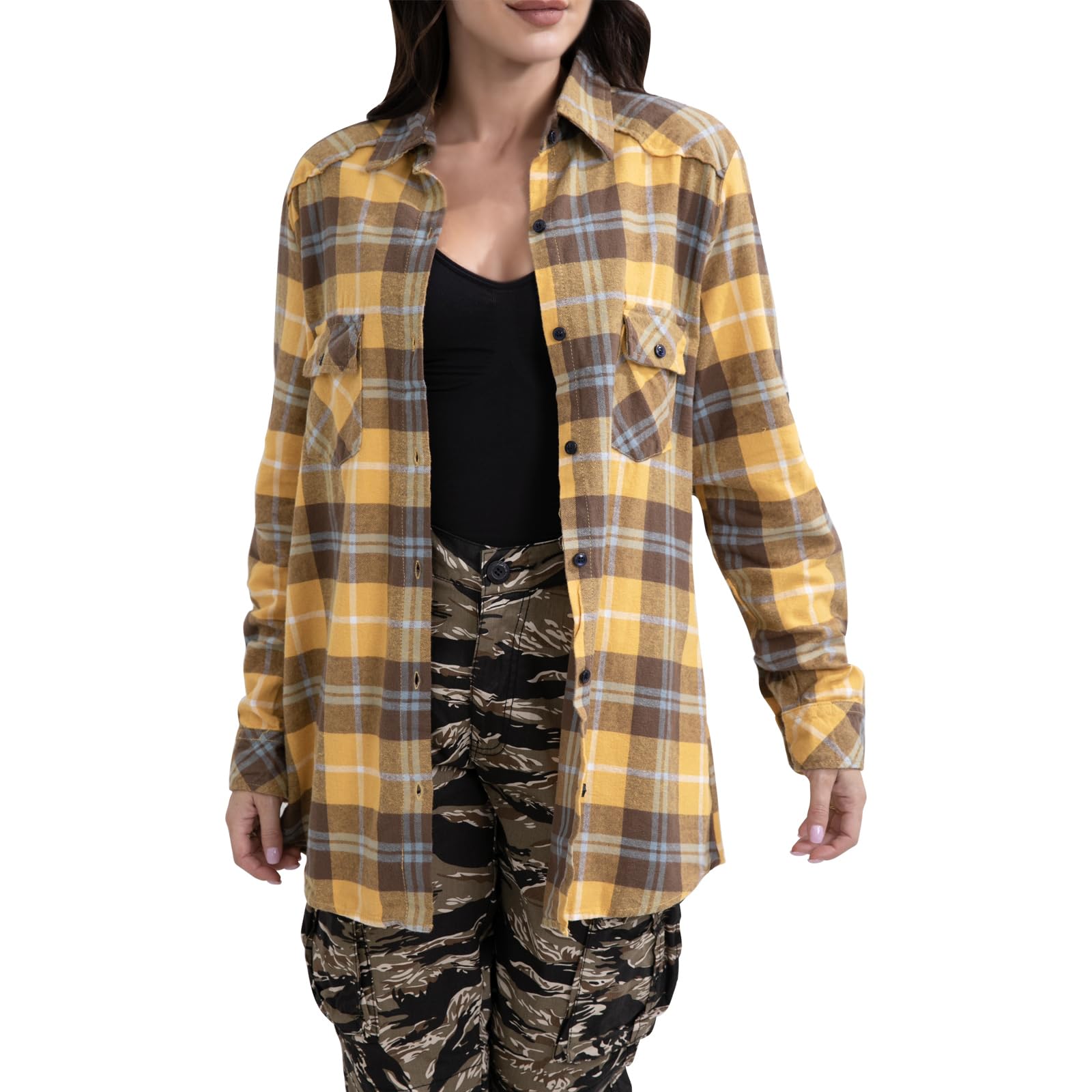Match Womens Button Down Flannel Plaid Shirts roll