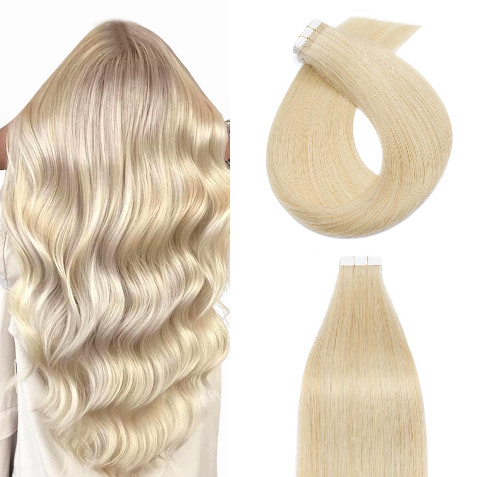 Tape in Hair Extensions Human Hair 16inch 100% Remy Real Hair Skin Weft Straight(20pcs-50g #613 Bleach Blonde)