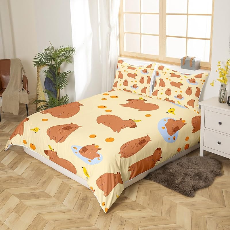 Capybaras Bettbezug 135x200 Nette Braune Capybaras Trösterbezug für Kleinkinder Teens Jugend, Cartoon Vogel Capybara Orangen Bettwäsche Sätz mit 1 Kissenbezug, Gelbbraun — Foto 3 von 6