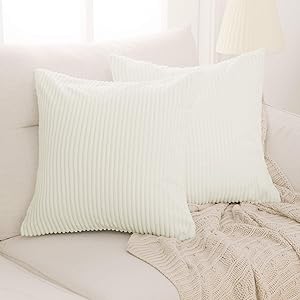 Deconovo Corduroy Throw Pillow Cover with Stripe Pattern Soft Cushion Covers for Couch Bedroom Sofa Living Room Pack of 2 20x20 in Cream