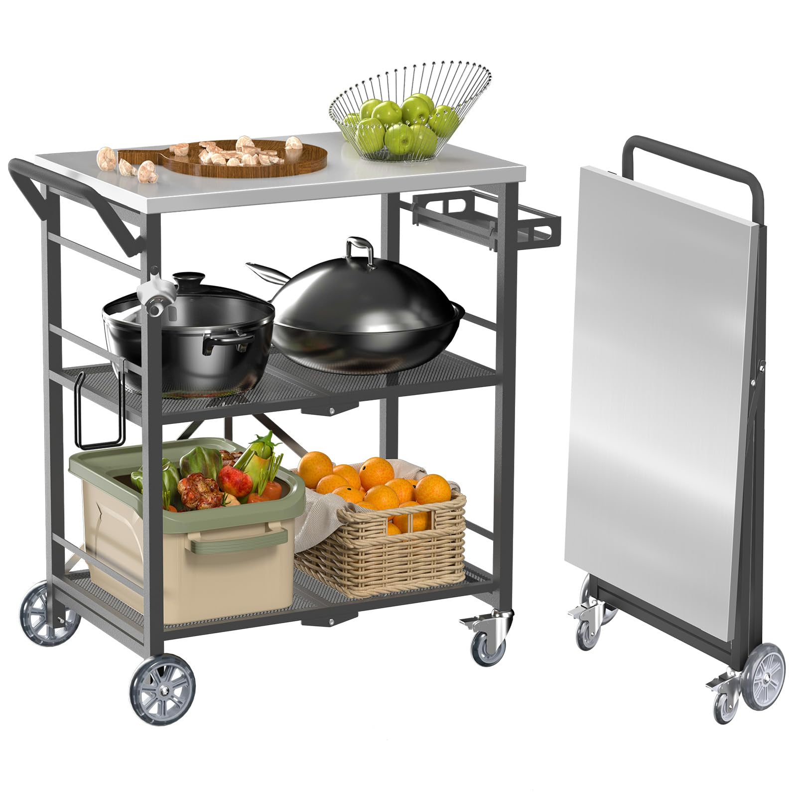 Photo 1 of Dining Cart Table with Double-Shelf, Movable Stainless Steel Flattop Grill Cart?Stainless Steel Grey?