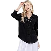 Mojito Collection Women's Casual Resort Wear Boho Blouse Button Down with Crochet Lace Trim V Neck and 3/4 Smocked Sleeves